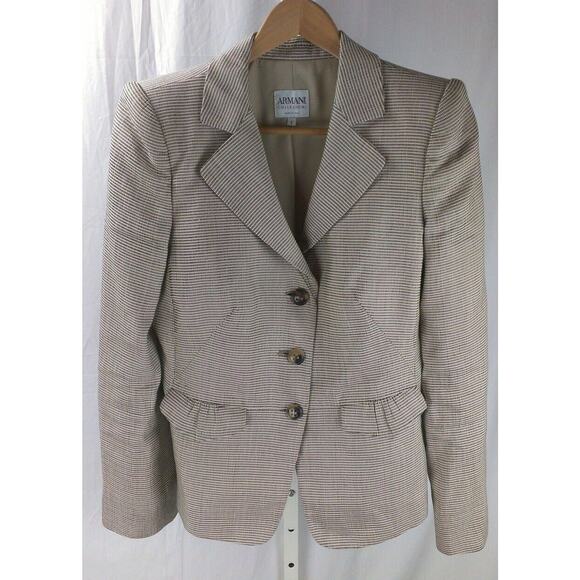 Armani Collezioni Brown Cream Cute Pockets Three Button Jacket Blazer Coat Sz 8 - Picture 1 of 6